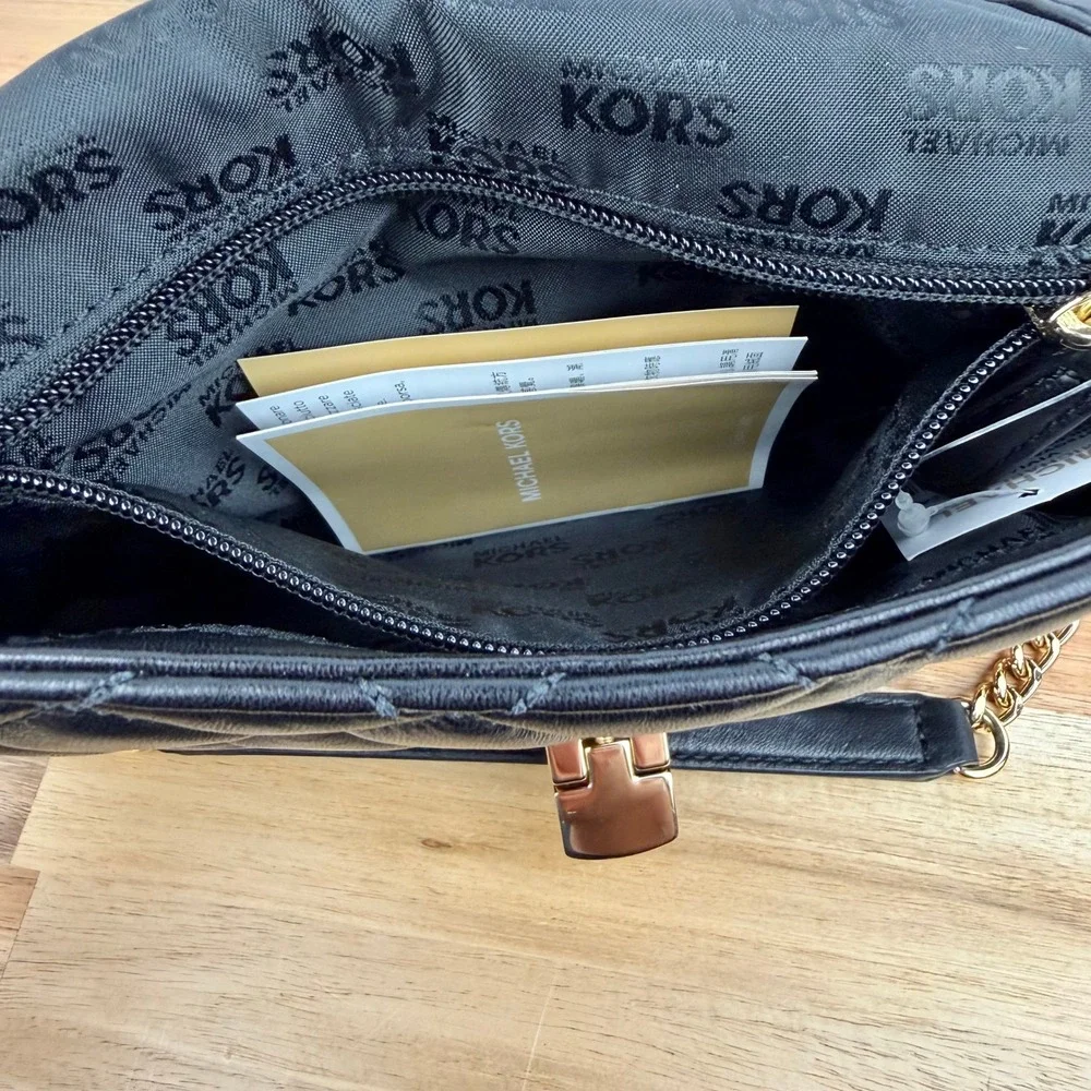 Michael Kors Sloan Quilted Leather Shoulder Bag Black Gold Chain Flap